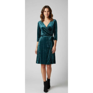 Elegant Teal Velvet Wrap Dress for Women | V-Neck 3/4 Sleeve Belted Knee-Length Dress