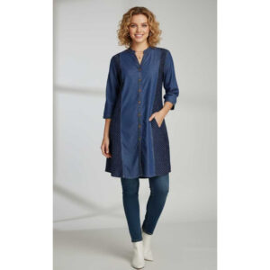 Womens Denim Panel Kurti with Printed Side Panels | Button-Down 3/4 Sleeve Casual Top